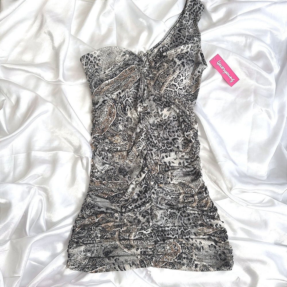 4everyoung Animal Paisley One Shoulder Ruched Bodycon Mini Dress Rhinestone M